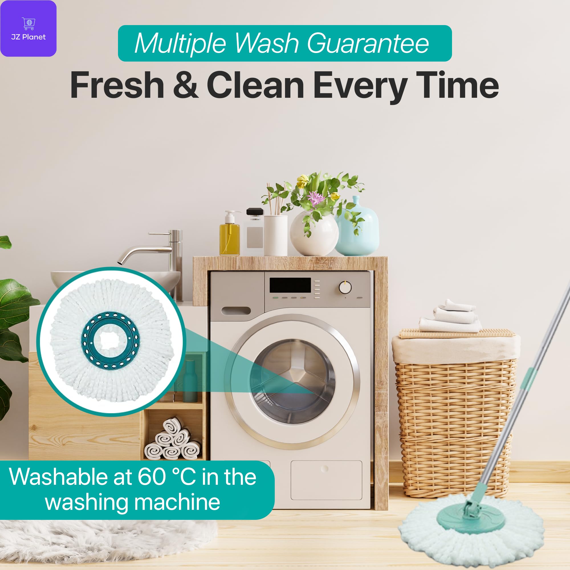 JZ Planet Microfibre Mop Head Replacement for Spin Mop - 2PCS Round White Refill Pads - Compatible with Leifheit - Reusable, Machine Washable, for Wet & Dry Cleaning