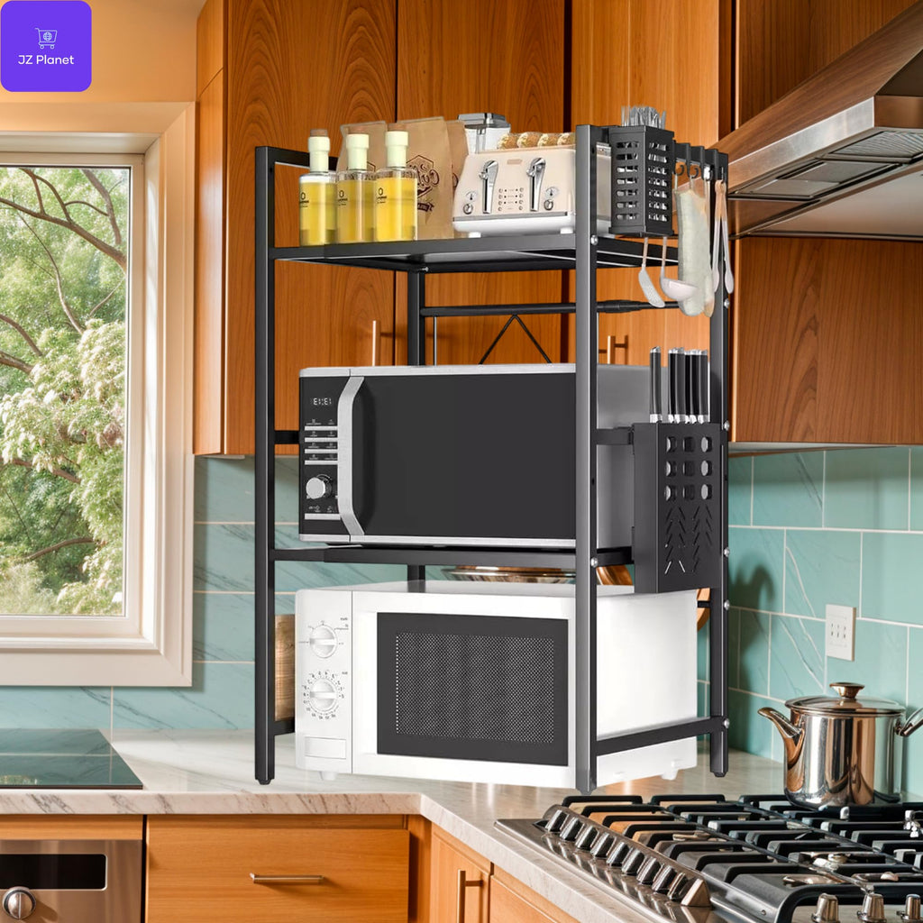 JZ Planet Microwave Double Shelf - 2-Tier Adjustable Metal Rack with Hooks, Knife Holder, Cutting Board & Chopstick Organizer - Space-Saving Counter Storage Rack (Black/White)