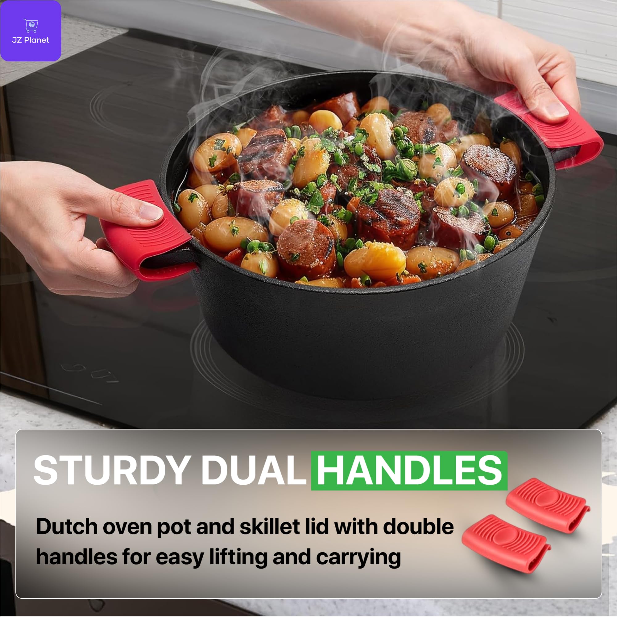 JZ Planet 6L Cast Iron Pot with Functional Pan Lid - 2-in-1 Dutch Oven & Skillet Combo, 4.8L Capacity, 32cm - Heavy-Duty Cast Iron Casserole with Lid/Grill Pan - For Stovetop, Oven & Campfire Cooking