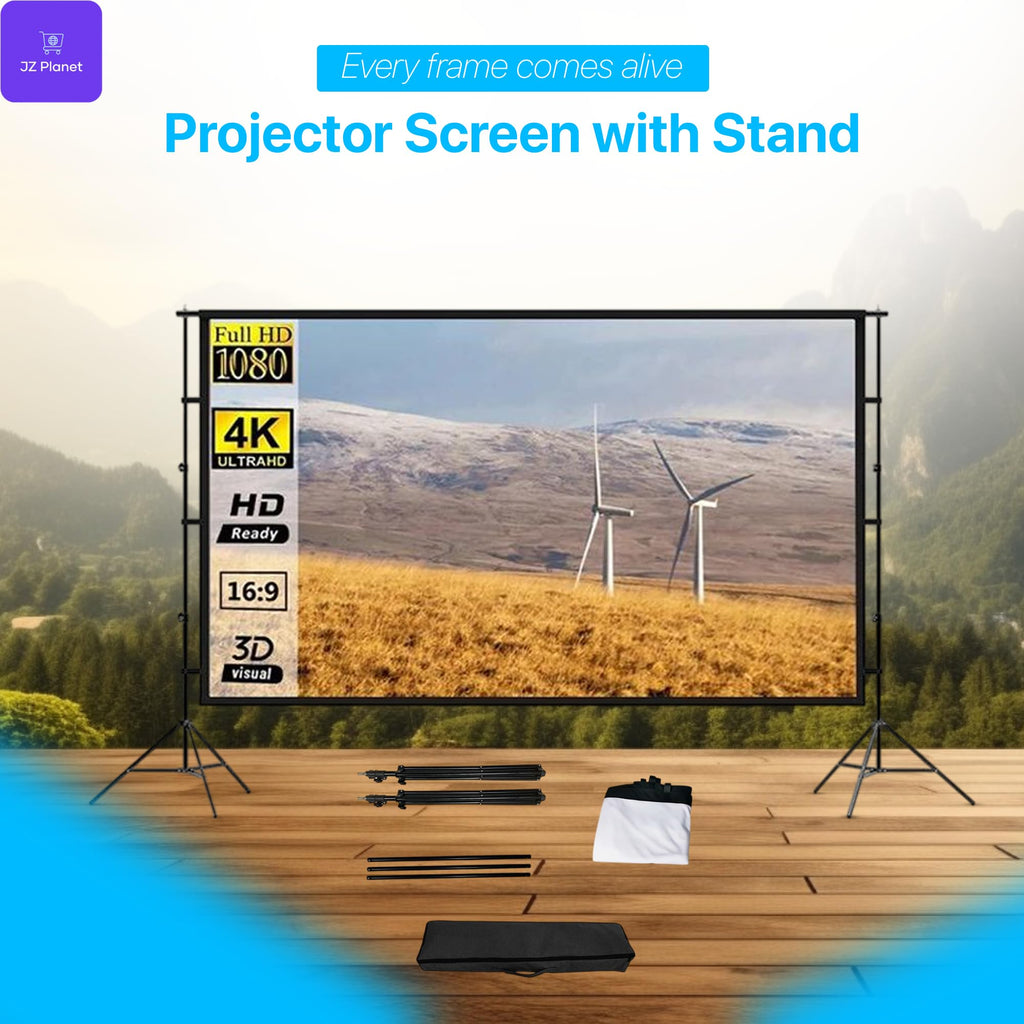 JZ Planet 120" Portable Movie Projector Screen - 16:9 HD Foldable Projection Screen with Black Border - Wrinkle-Free Polyester with Steel Frame - Indoor & Outdoor Theater, Presentations, Camping