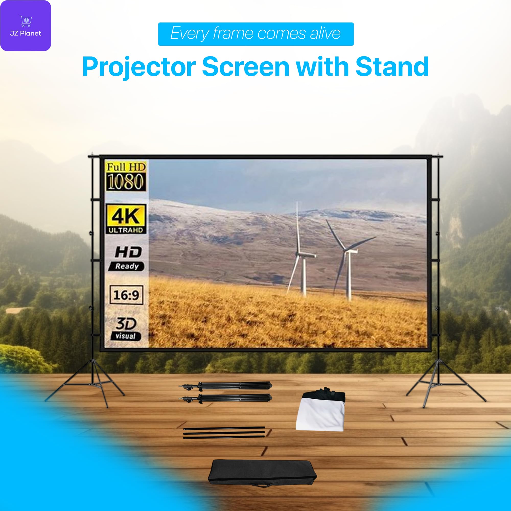 JZ Planet 120" Portable Movie Projector Screen - 16:9 HD Foldable Projection Screen with Black Border - Wrinkle-Free Polyester with Steel Frame - Indoor & Outdoor Theater, Presentations, Camping
