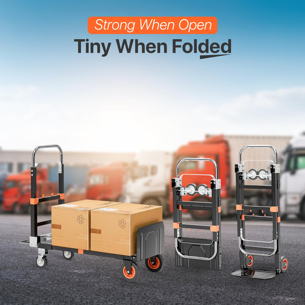 JZ Planet Folding Hand Truck - 500lbs Capacity Heavy Duty Dolly Cart - Adjustable Alloy Steel Frame with Telescoping Handle & Expandable Base - Compact, Portable Utility Trolley for Moving & Transport