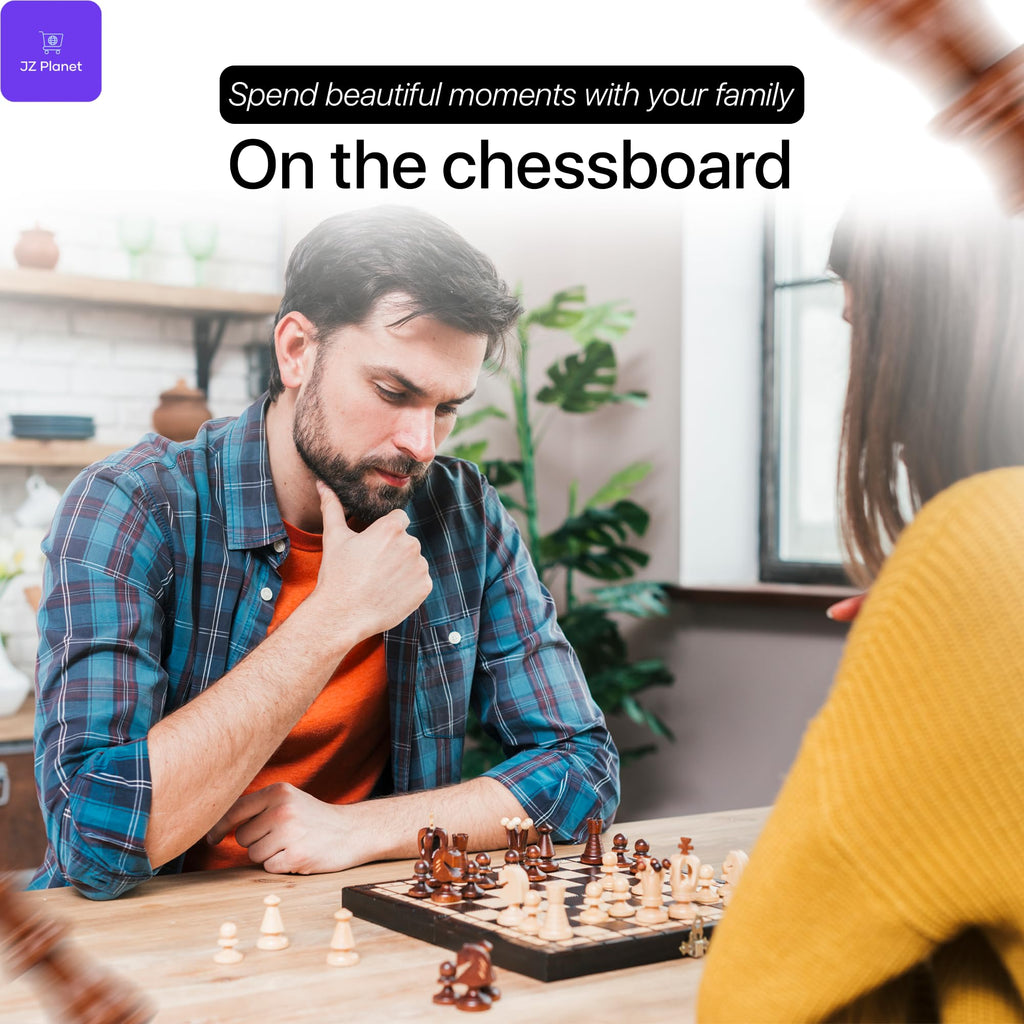 JZ Planet Wooden Chess & Checkers 2-in-1 Game Set - Folding Magnetic Board with Storage & Drawstring Bag - Premium Wooden Pieces - Travel Friendly Strategy Board Game for Kids & Adults