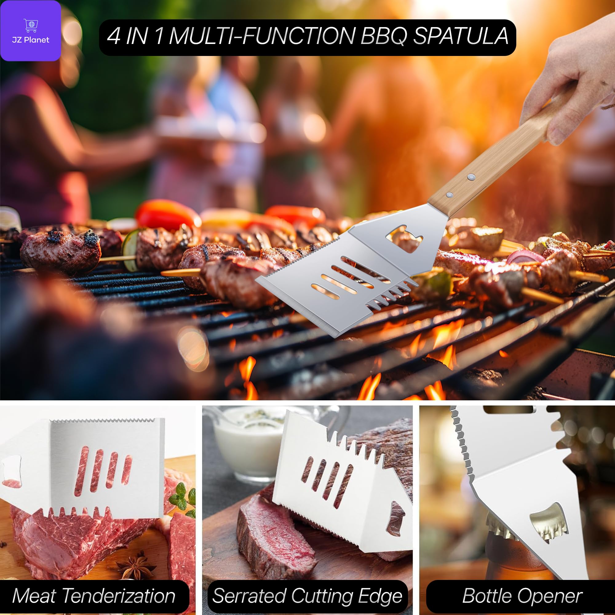 JZ Planet Barbecue Grill Tool Set - 24 PCS Stainless Steel BBQ Accessories with Storage Case - Heat-Resistant Handles, Skewers, Spatula, Tongs, Fork, Basting Brush - Grilling Kit for Outdoor Cooking