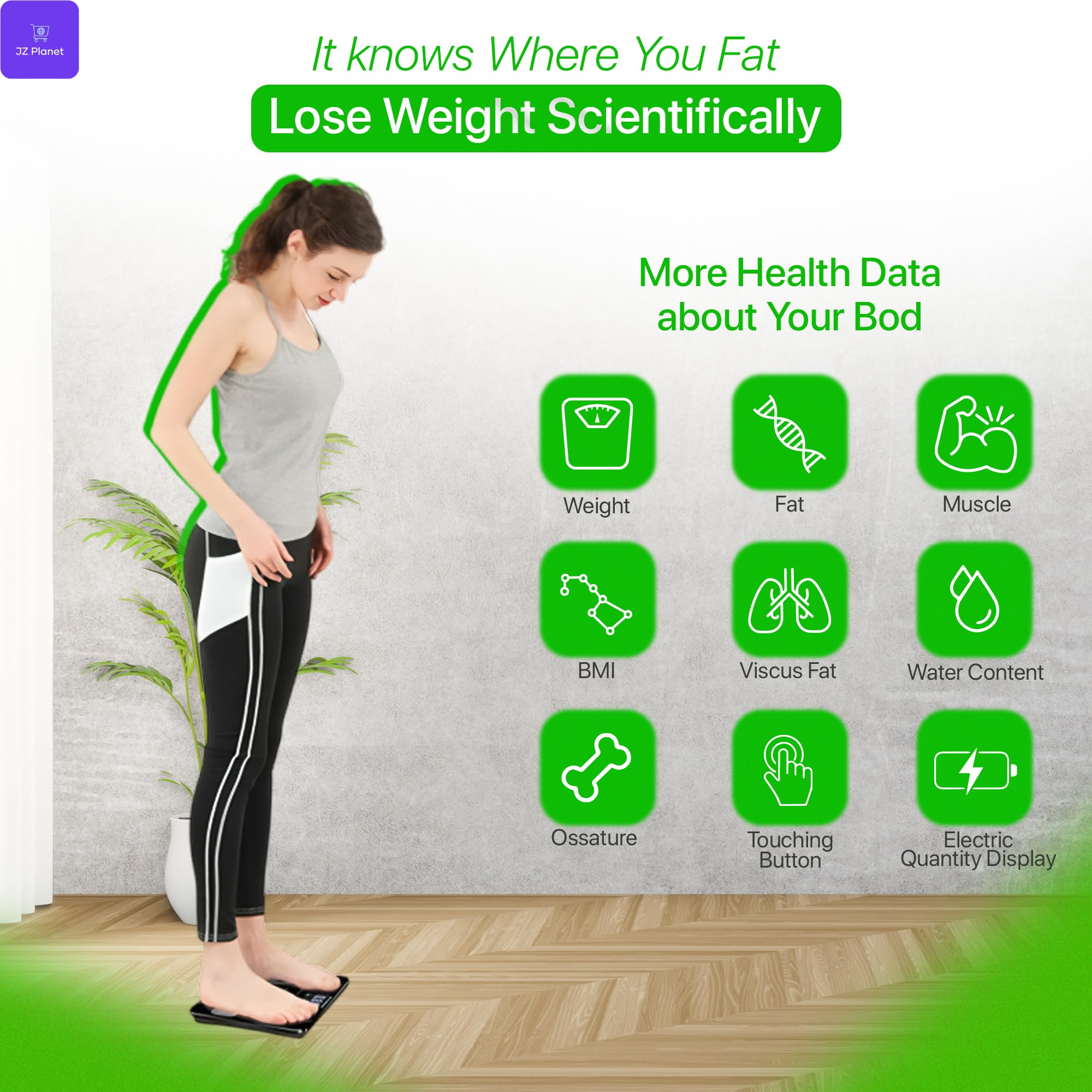 JZ Planet Bluetooth Smart Body Fat Scale - White Digital Weight Scale with App Sync, USB Rechargeable, 13 Body Metrics, LED Display - Slim ABS+Glass Design for Home, Gym, Fitness & Wellness Tracking