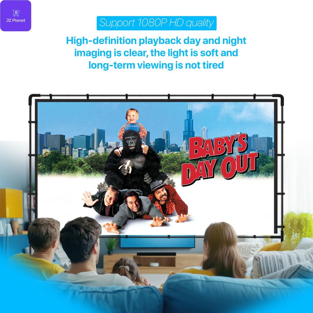 JZ Planet 120" Portable Movie Projector Screen - 16:9 HD Foldable Projection Screen with Black Border - Wrinkle-Free Polyester with Steel Frame - Indoor & Outdoor Theater, Presentations, Camping