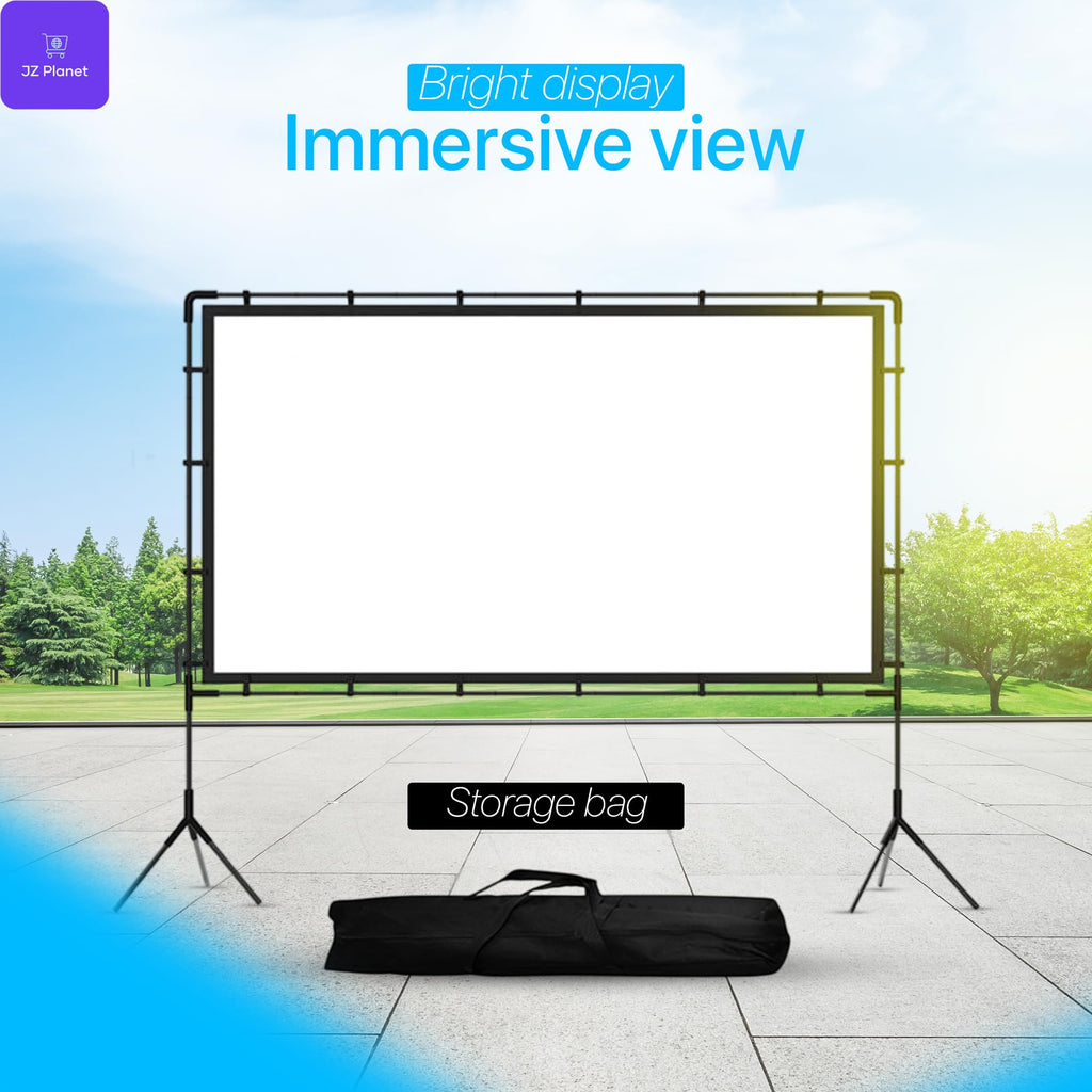 JZ Planet 120" Portable Movie Projector Screen - 16:9 HD Foldable Projection Screen with Black Border - Wrinkle-Free Polyester with Steel Frame - Indoor & Outdoor Theater, Presentations, Camping