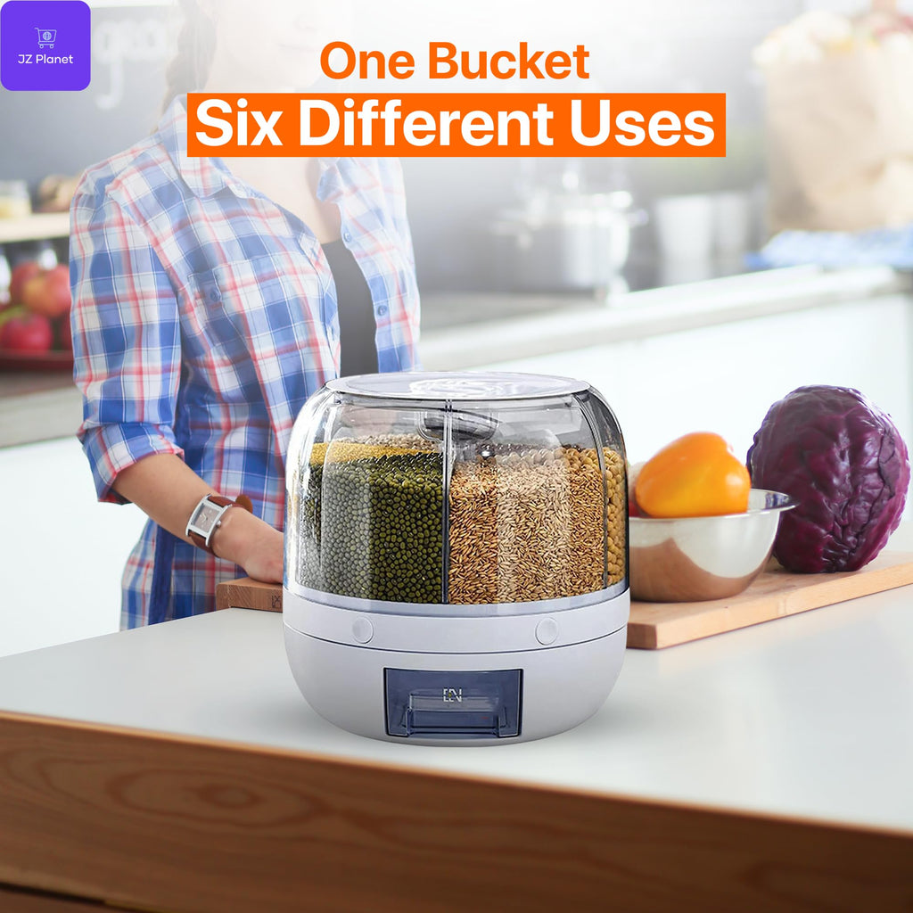 6-Grid Rotating Food Grain Dispenser - 3.6L Airtight Dry Food Storage, White