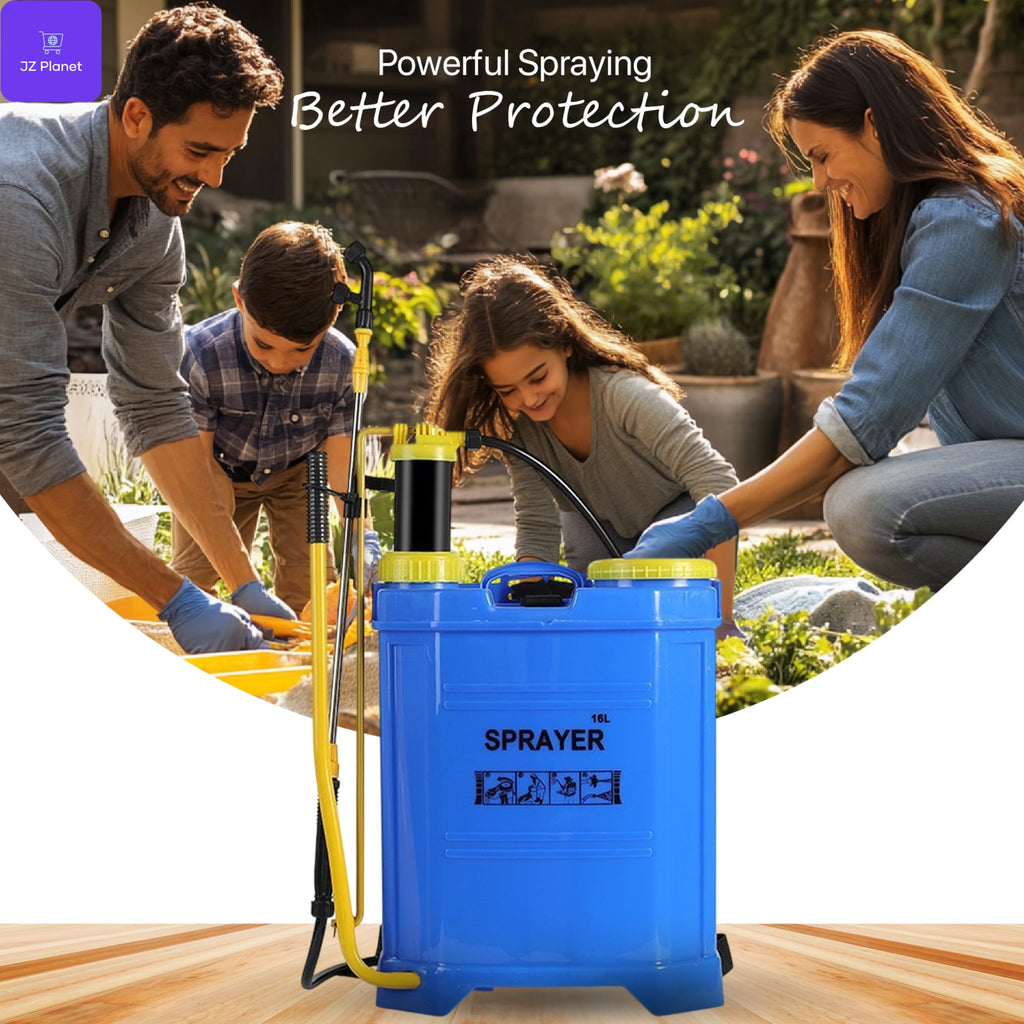 JZ Planet 16L Backpack Pressure Sprayer - Manual Pump - Comfortable Padded Straps, Adjustable Nozzle - Heavy-Duty Plastic Tank for Garden, Farm, Pest Control & Cleaning