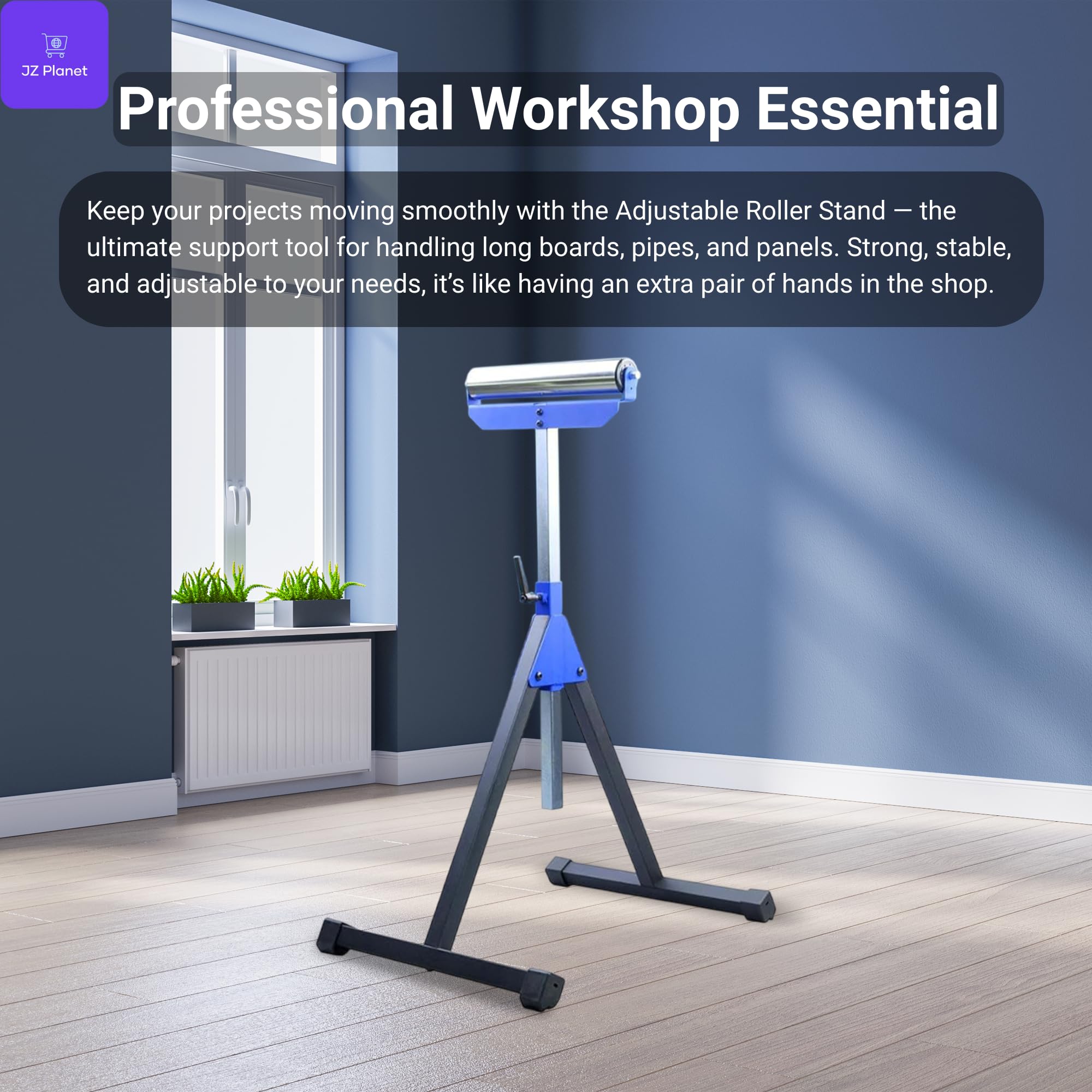 JZ Planet 1 Pack Folding Roller Stand - Heavy-Duty Steel Construction, 60kg Load Capacity - Adjustable Support Stand with Smooth Roller Head - Ideal for Woodworking, Cutting, & Material Feeding