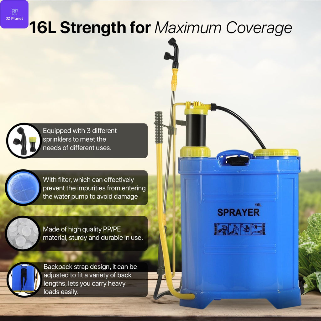 JZ Planet 16L Backpack Pressure Sprayer - Manual Pump - Comfortable Padded Straps, Adjustable Nozzle - Heavy-Duty Plastic Tank for Garden, Farm, Pest Control & Cleaning