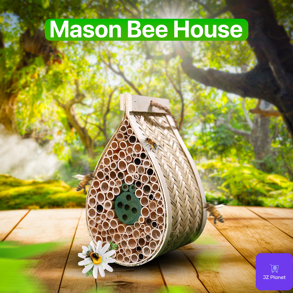 JZ Planet Bamboo Mason Beehive House – Tear Drop Pollinator Nest for Solitary Bees – Natural Garden Bee Habitat for Outdoor Beekeeping – Eco-Friendly Bamboo & Poplar Wood Insect Hotel for Yard & Balcony