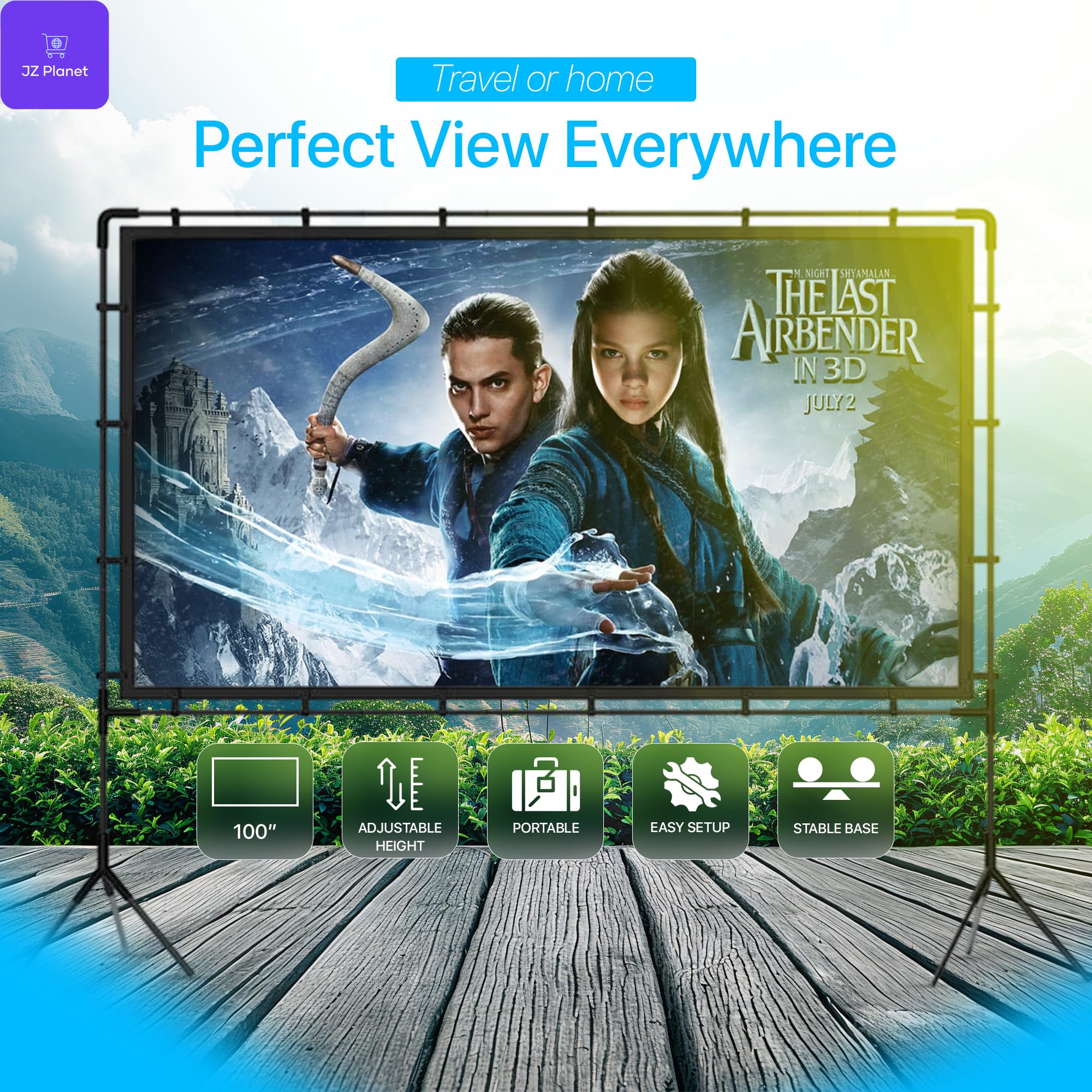 JZ Planet 120" Portable Movie Projector Screen - 16:9 HD Foldable Projection Screen with Black Border - Wrinkle-Free Polyester with Steel Frame - Indoor & Outdoor Theater, Presentations, Camping
